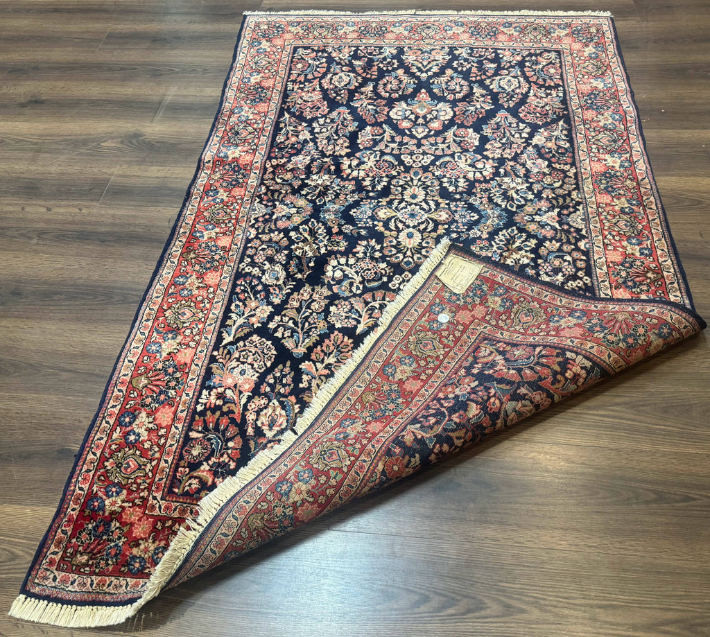 Navy Blue Persian Rug 4x6, Sarouk Mohajeran Carpet, Antique Persian Rug, Floral