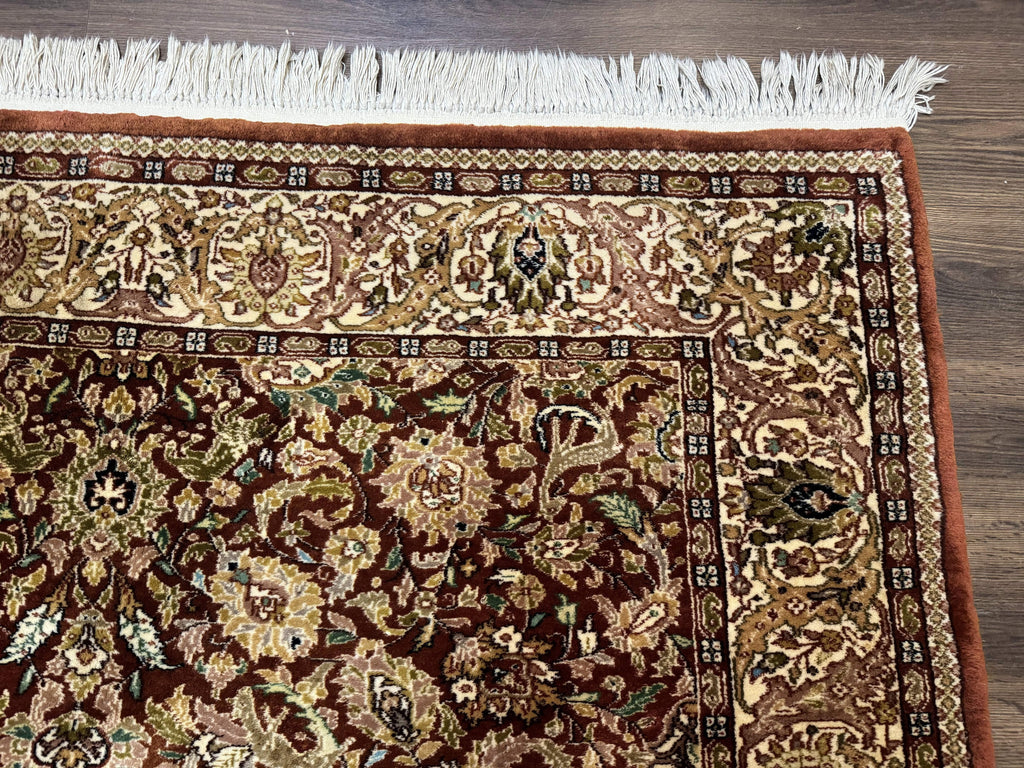 Tree of Life Indian Kashmiri Rug 6x9, Rust Red and Cream, Animal Pictorials, Fine 290 KPSI