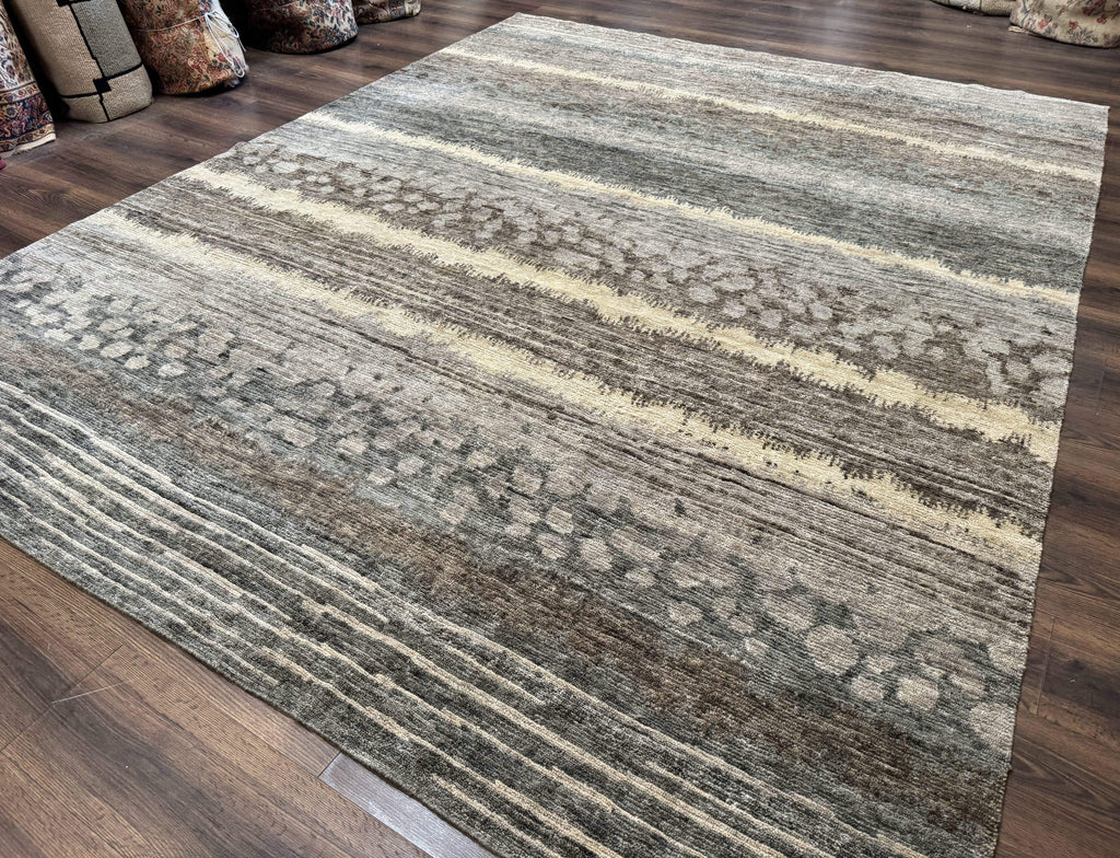 Modern Tibetan Wool Rug 8x10, Abstract, Contemporary, Handmade, Gray, Stripes