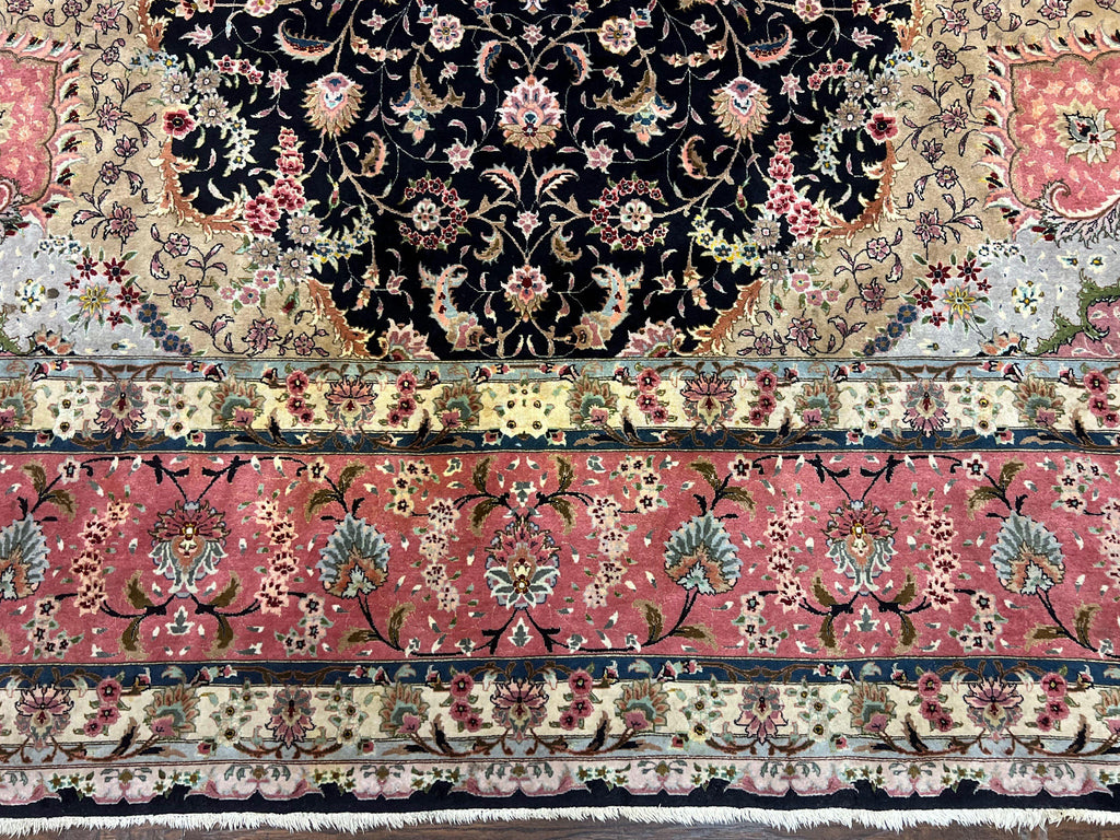 Magnificent Persian Tabriz Rug 11x16, Oversized Persian Carpet 11 x 16 ft, Wool on Silk Finely Hand Knotted, 450 KPSI, Floral Medallion, Black Pink