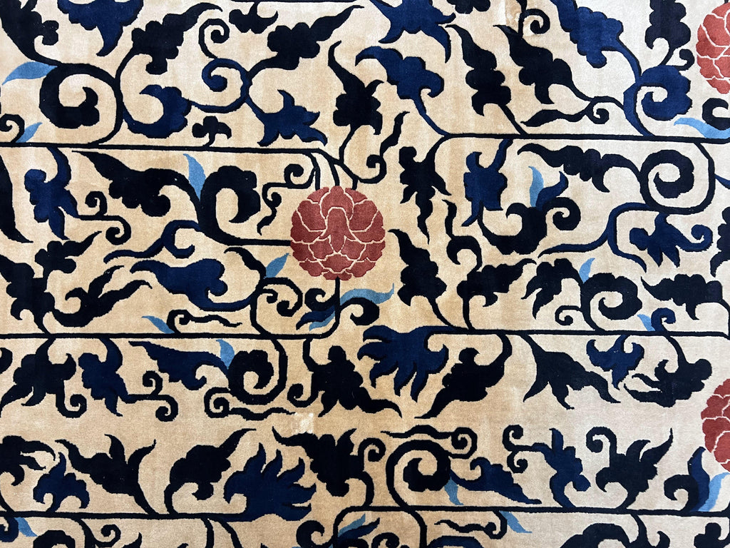 Antique Chinese Peking Rug 10x14, Beige Black, Handmade Wool Art Deco Carpet