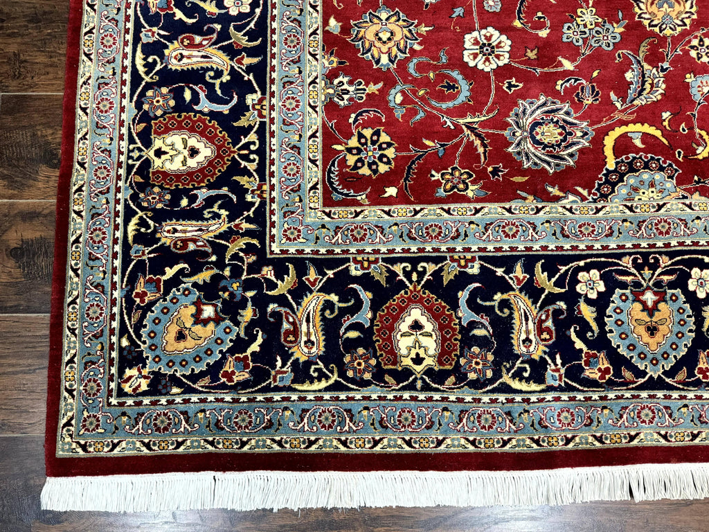 Pak Persian Rug 9x12, Red and Navy Blue, Floral Allover, Hand Knotted Vintage Wool Carpet, Fine 260 KPSI