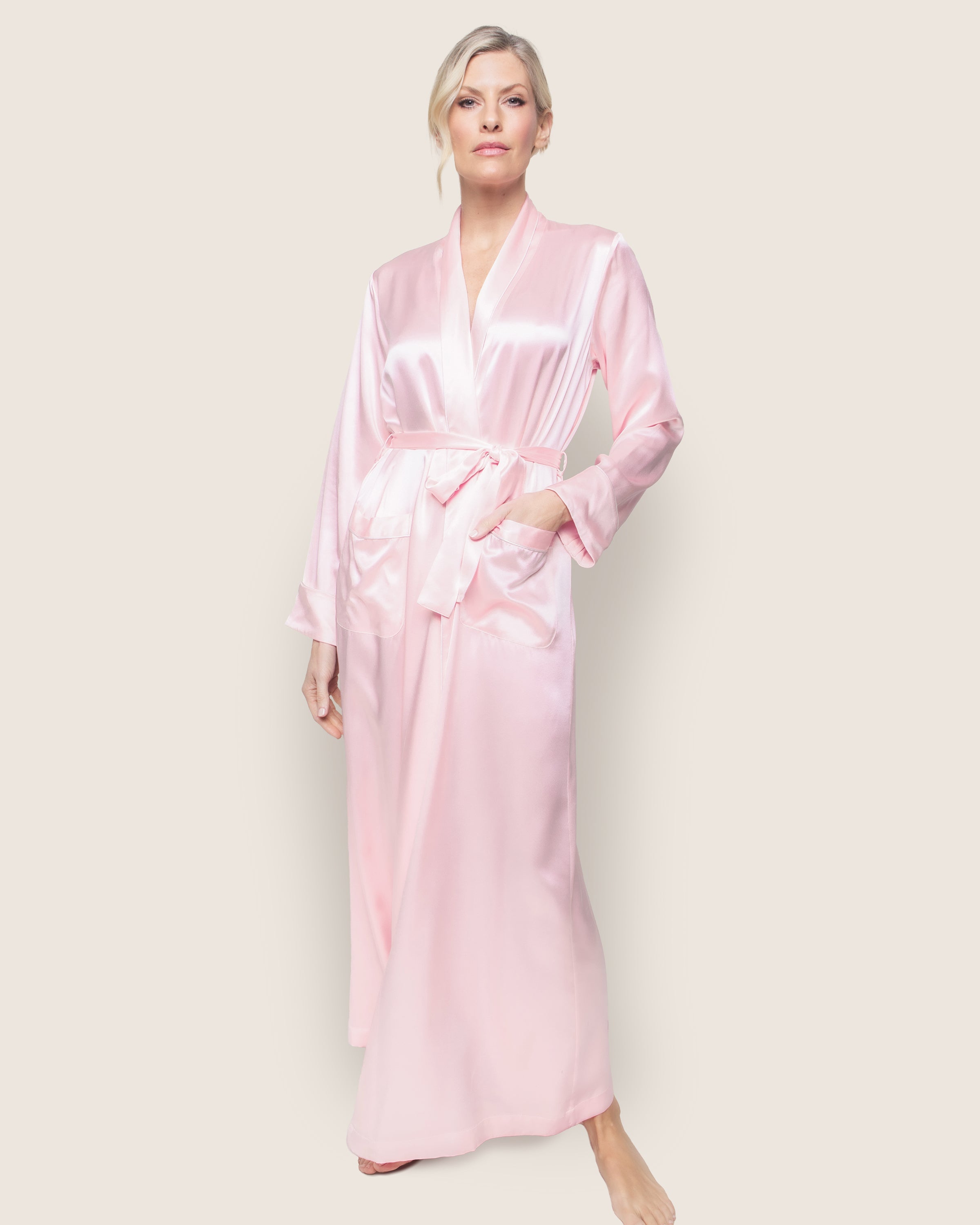 Women's Silk Long Robe in Pink