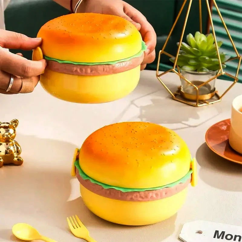 Cute Kawaii Double-Tier Burger Bento Box for Kids, Microwave Safe Fun and Functional Lunchware