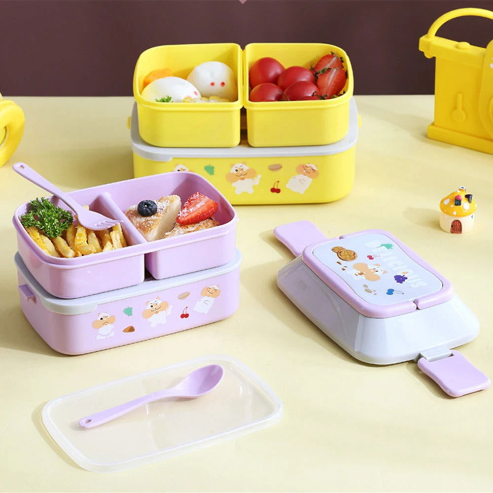Cute Portable Lunch Box, Double-Layer Microwave-Safe Bento Box for Kids