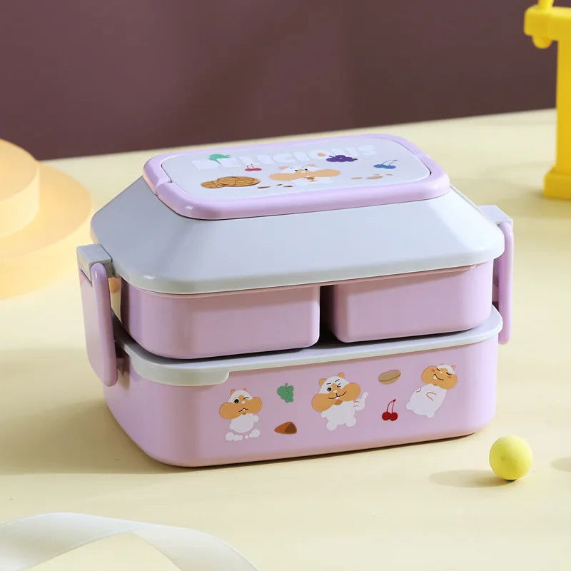 Cute Portable Lunch Box, Double-Layer Microwave-Safe Bento Box for Kids