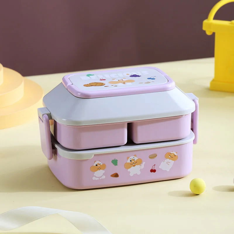 Cute Portable Lunch Box, Double-Layer Microwave-Safe Bento Box for Kids