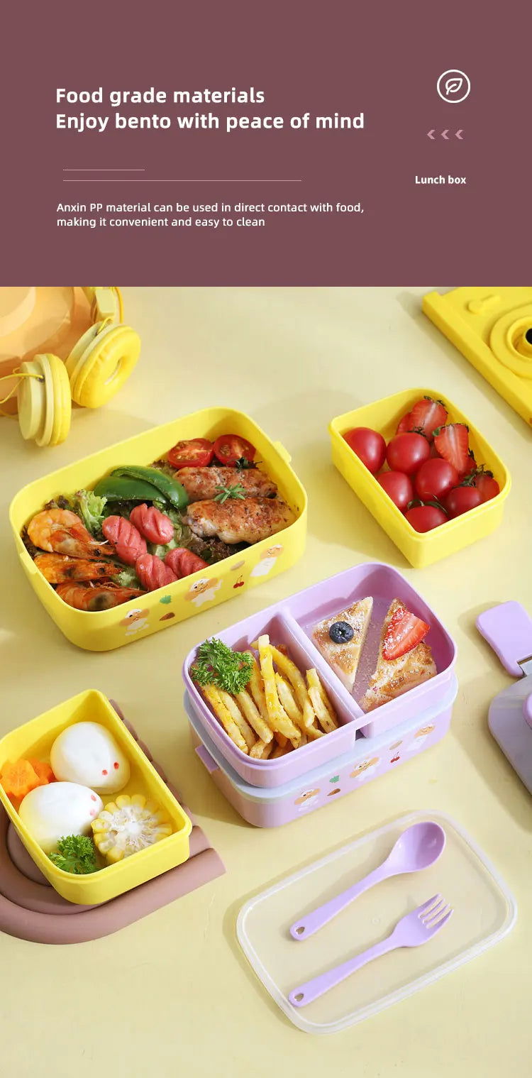 Cute Portable Lunch Box, Double-Layer Microwave-Safe Bento Box for Kids
