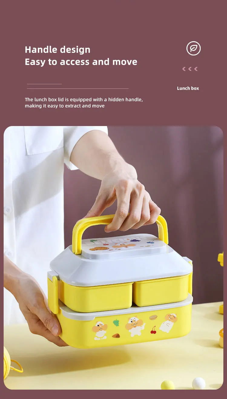 Cute Portable Lunch Box, Double-Layer Microwave-Safe Bento Box for Kids