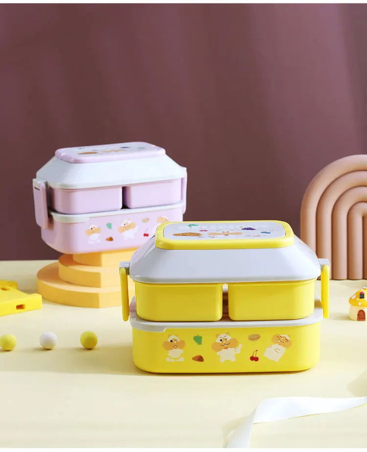 Cute Portable Lunch Box, Double-Layer Microwave-Safe Bento Box for Kids