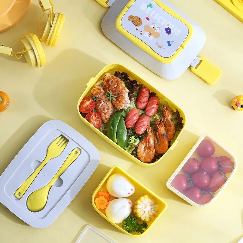 Cute Portable Lunch Box, Double-Layer Microwave-Safe Bento Box for Kids