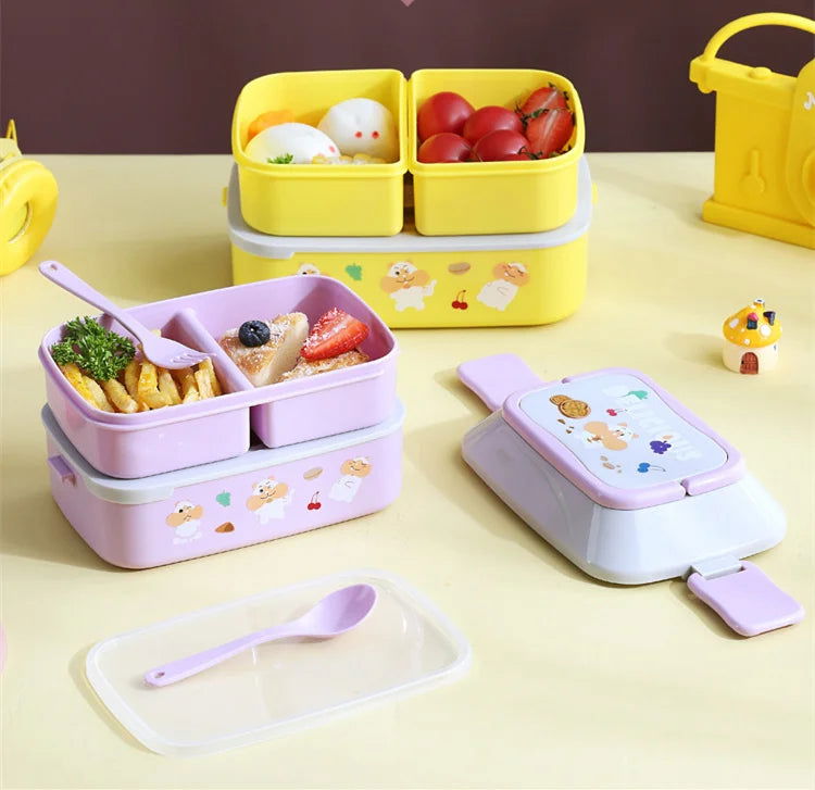 Cute Portable Lunch Box, Double-Layer Microwave-Safe Bento Box for Kids