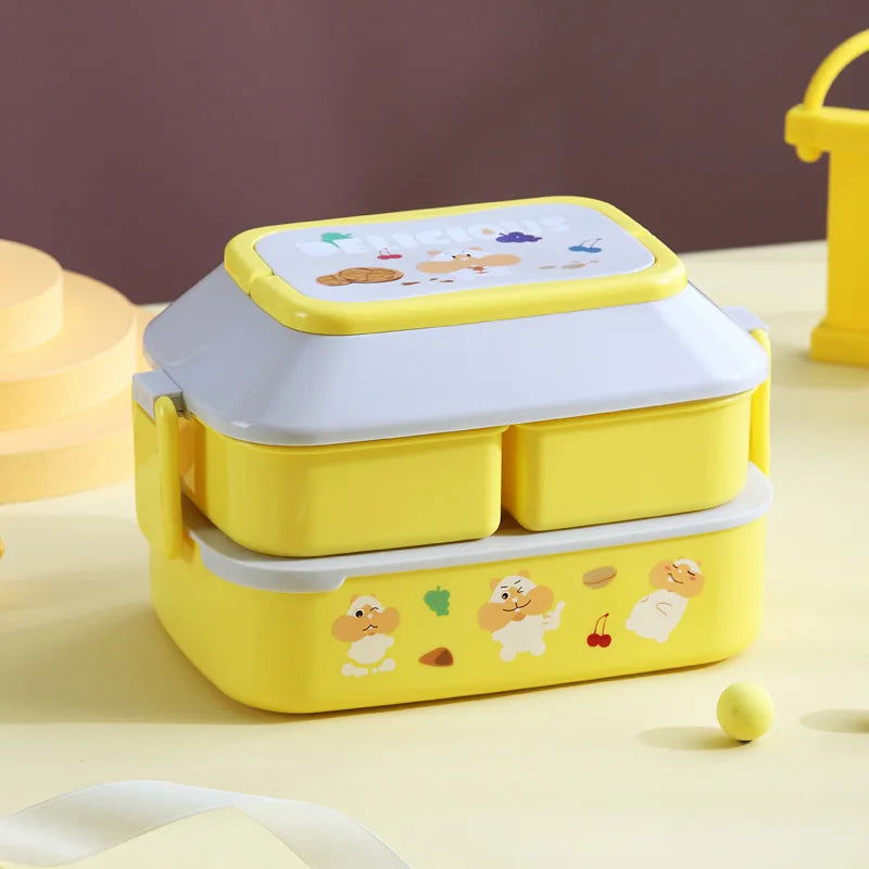 Cute Portable Lunch Box, Double-Layer Microwave-Safe Bento Box for Kids