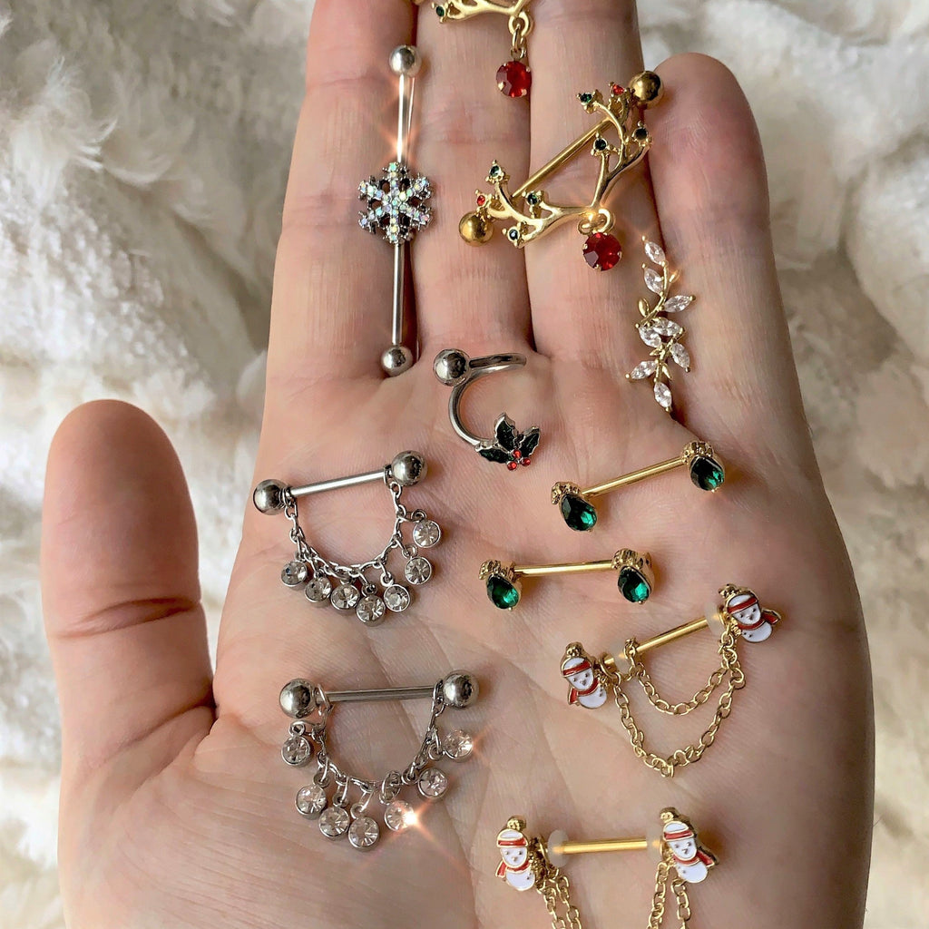14G 5/8 Clear Gem Fringe Dangle Barbell Nipple Ring Set