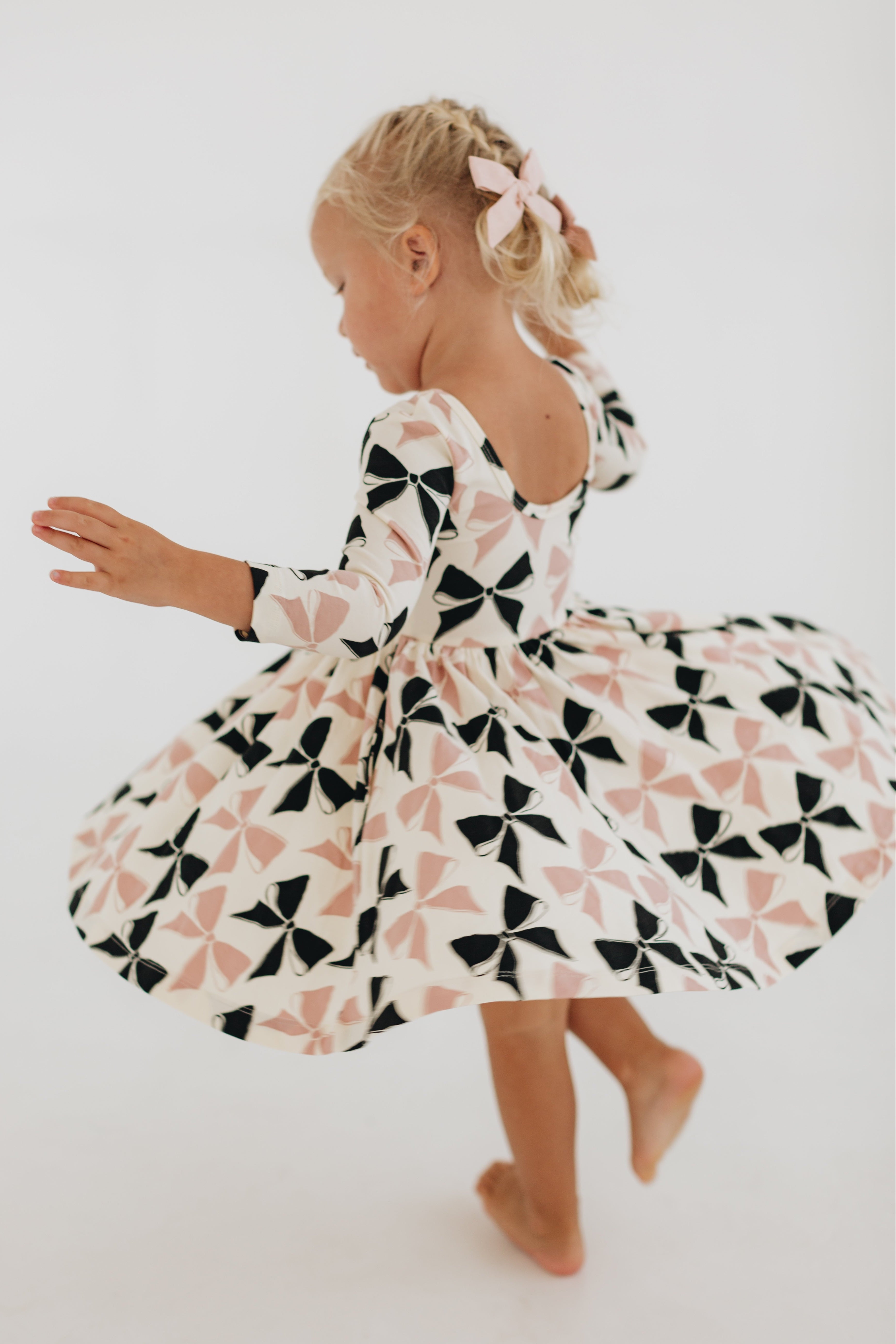 3/4 Sleeve Twirl Dress in Vintage Pink and Black Bows