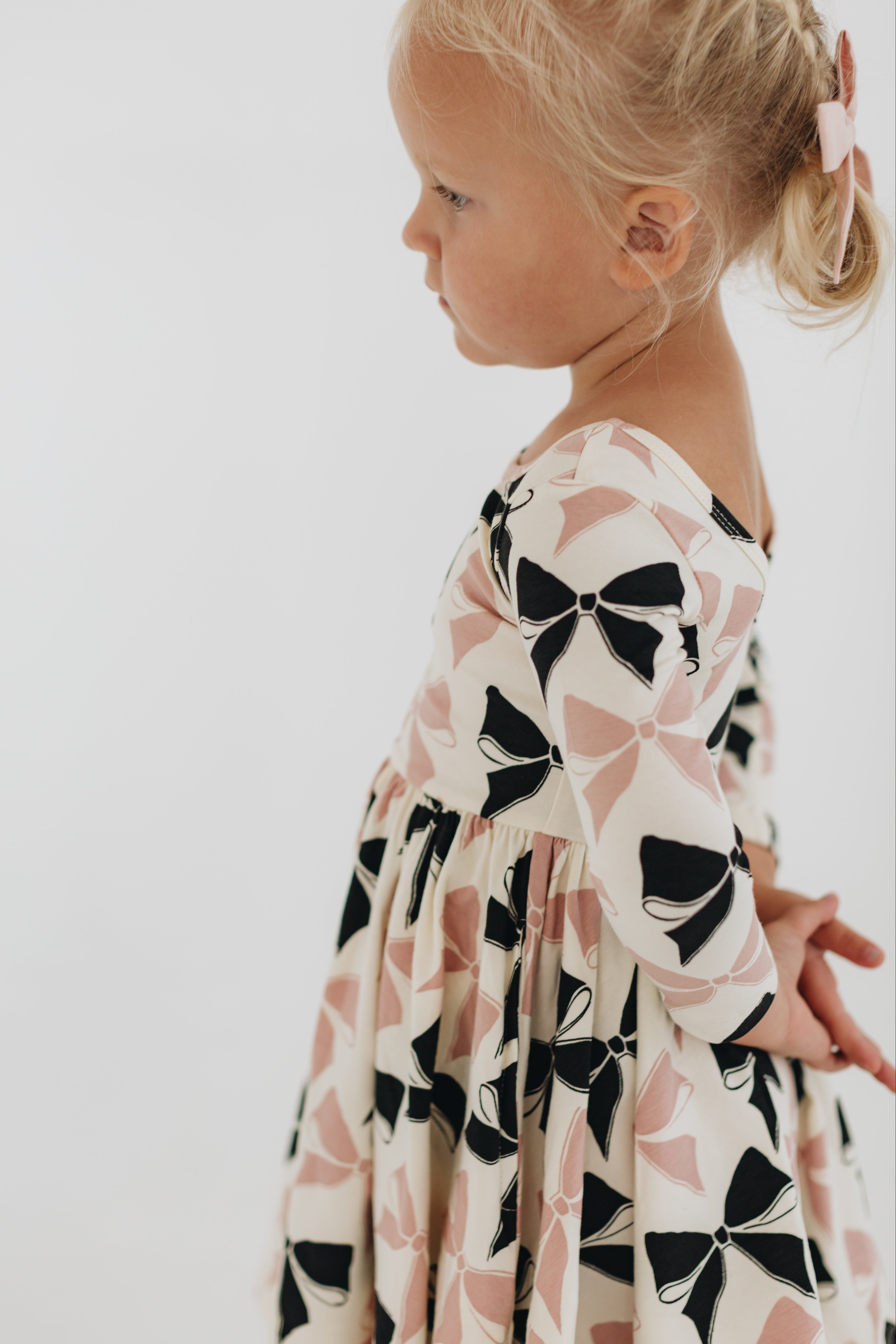 3/4 Sleeve Twirl Dress in Vintage Pink and Black Bows