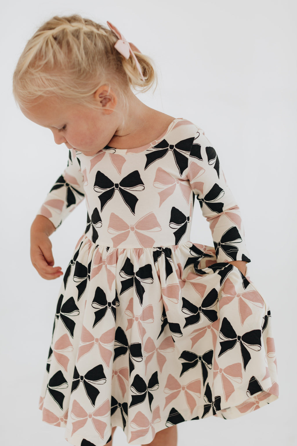 3/4 Sleeve Twirl Dress in Vintage Pink and Black Bows