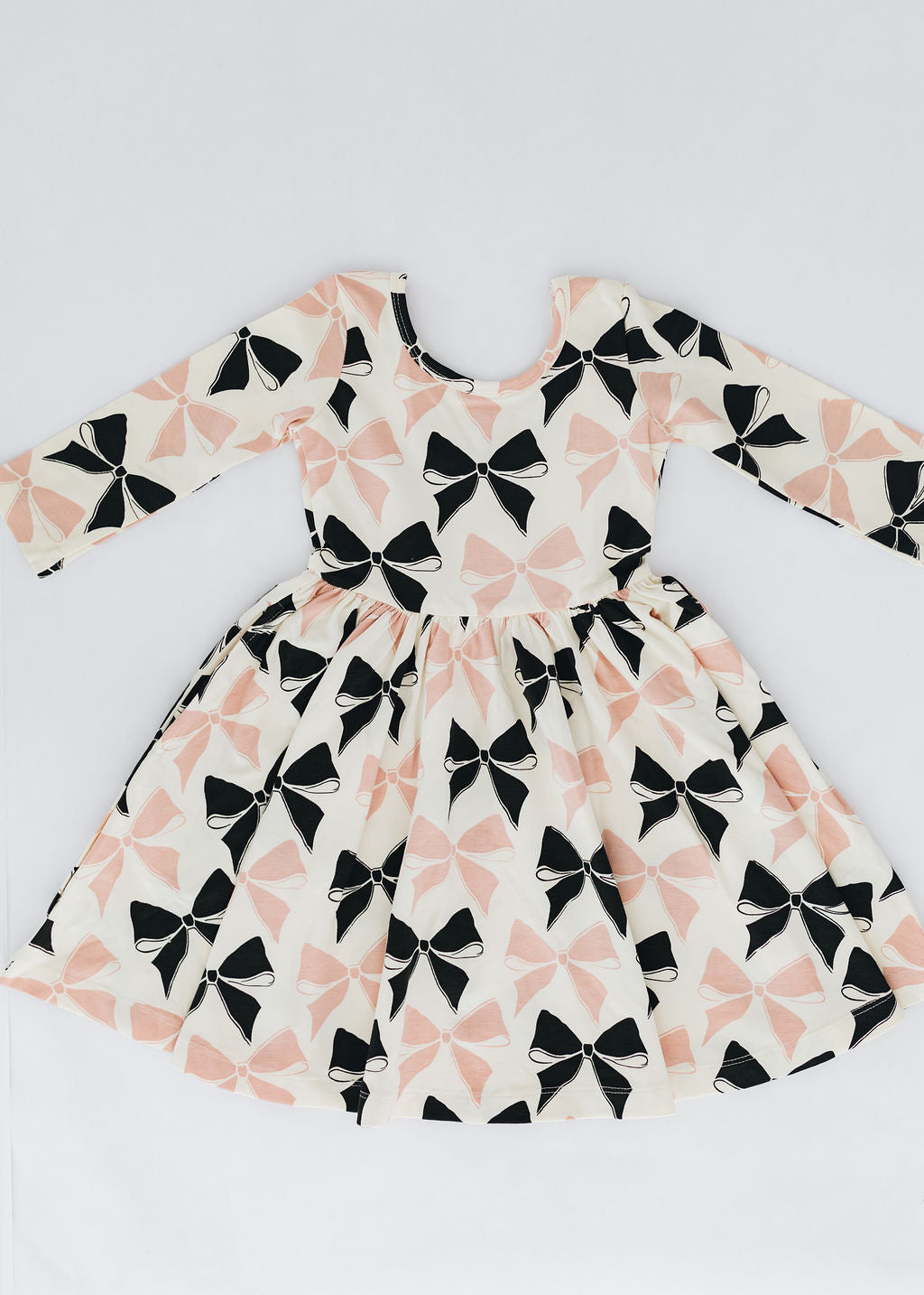 3/4 Sleeve Twirl Dress in Vintage Pink and Black Bows