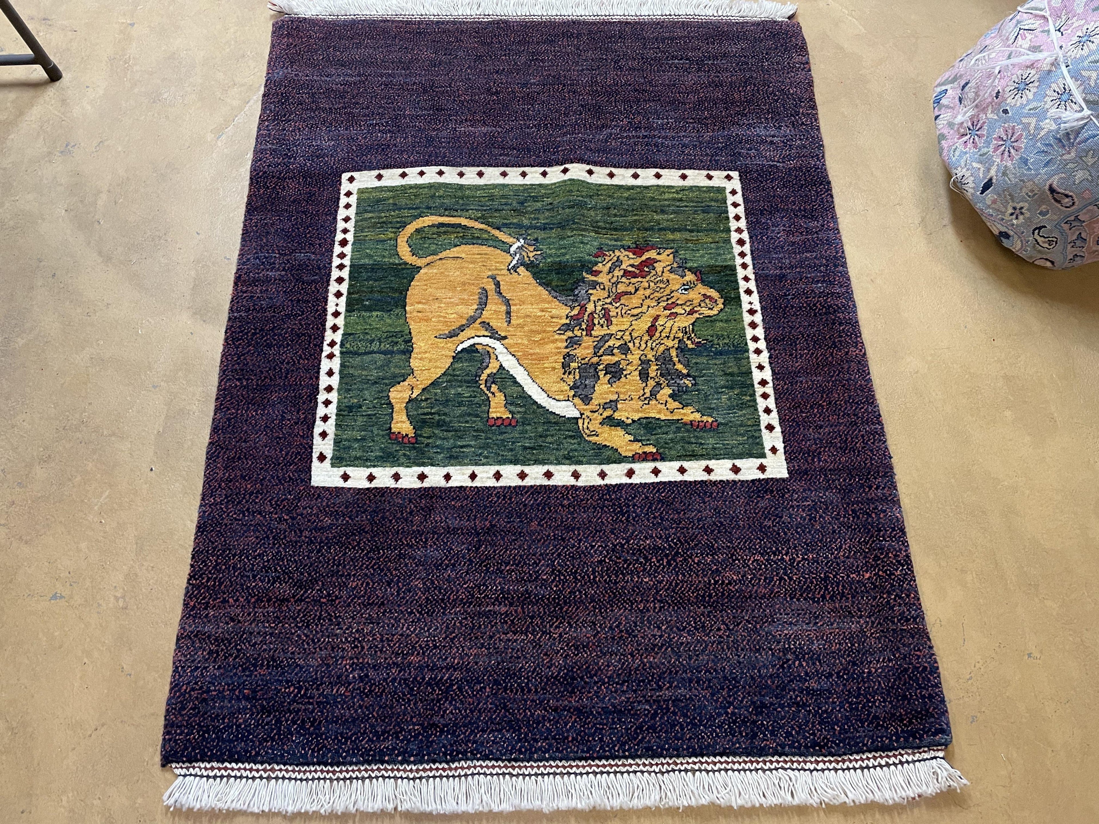 3 X 5 Handmade Rug Zagros Mountain Wool Tribal Rug Lion Purple Green Pictorial