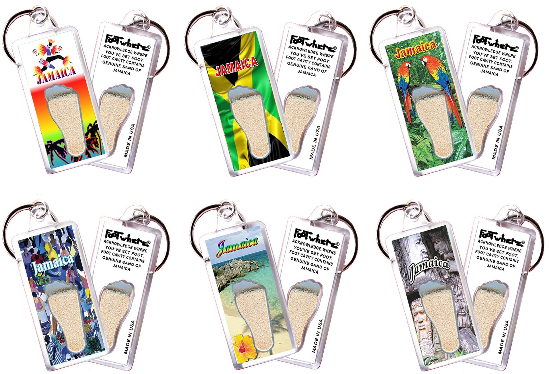 Jamaica FootWhere® Souvenir Keychain. 72 pieces/6 assorted styles.