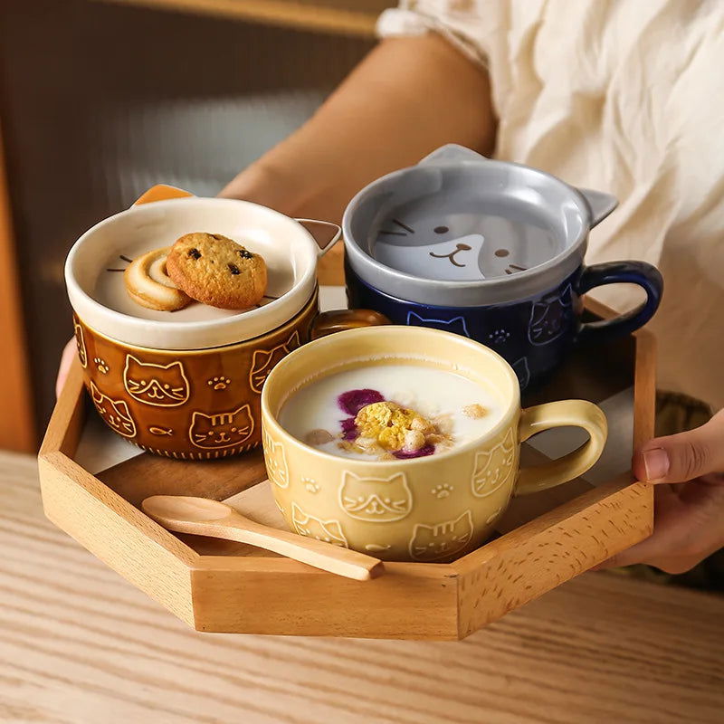 Japanese Cartoon Cat With Cover Coffee Cup, Cute Breakfast Cup With Lid