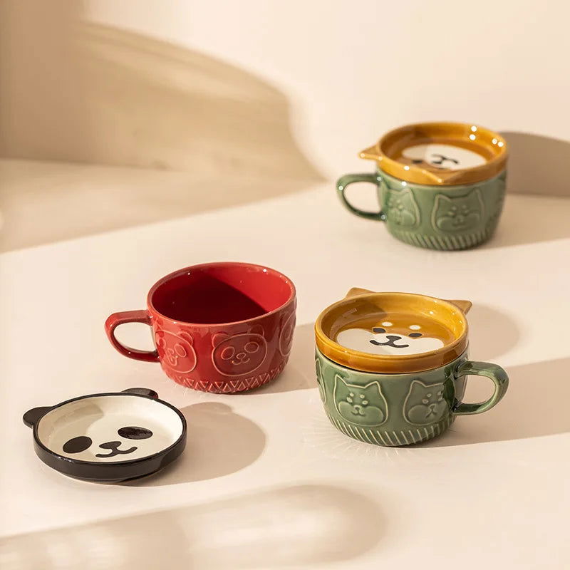 Japanese Cartoon Cat With Cover Coffee Cup, Cute Breakfast Cup With Lid