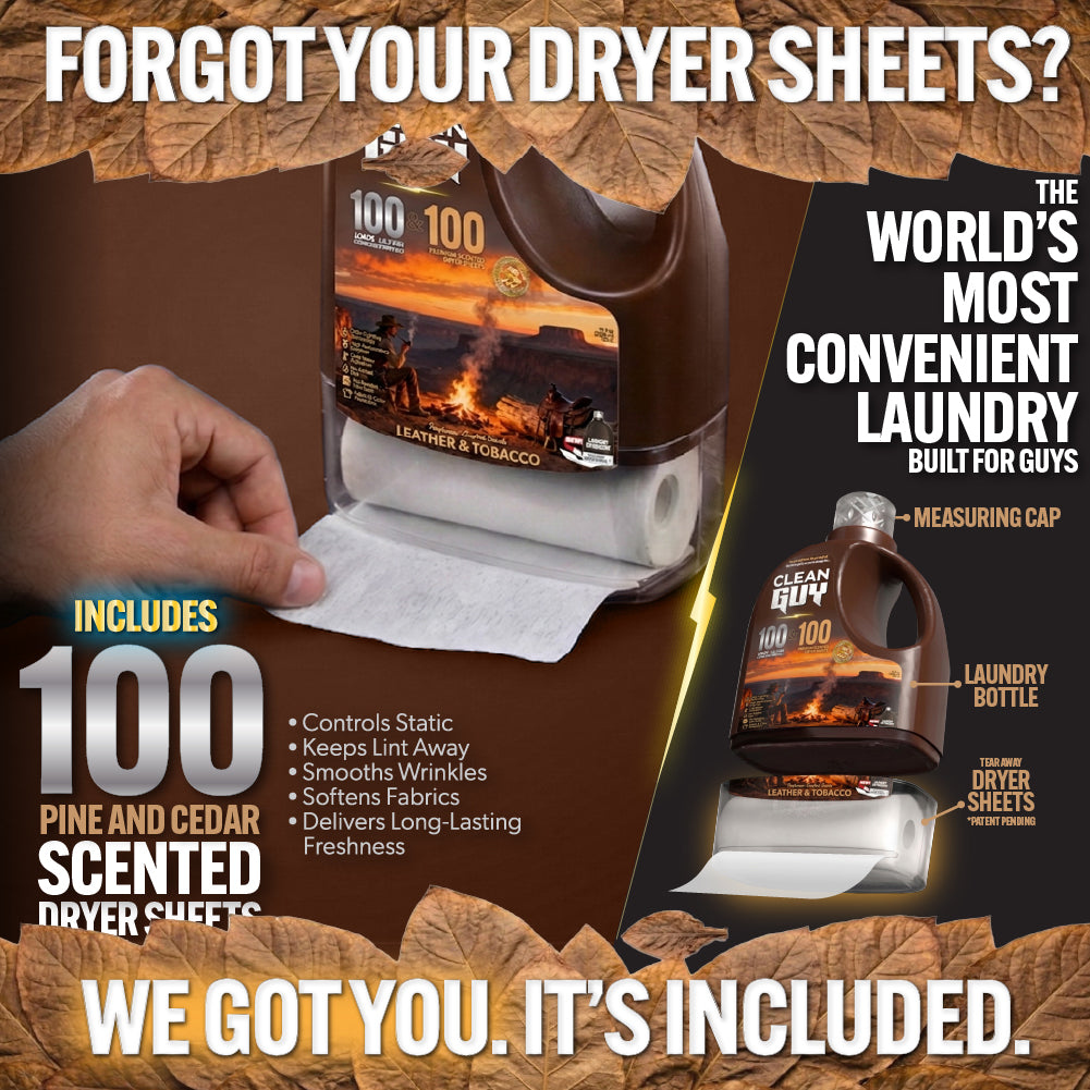Heavy Duty Premium Laundry Detergent + Built-In Dryer Sheets (100 Loads) -  LEATHER & TOBACCO.