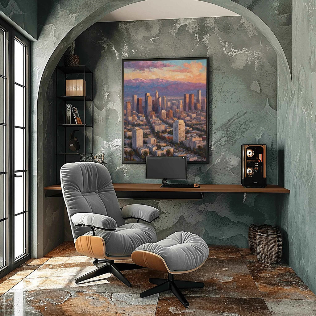 LA Golden Hour: Downtown Los Angeles Skyline & Mountain Sunset Oil Painting