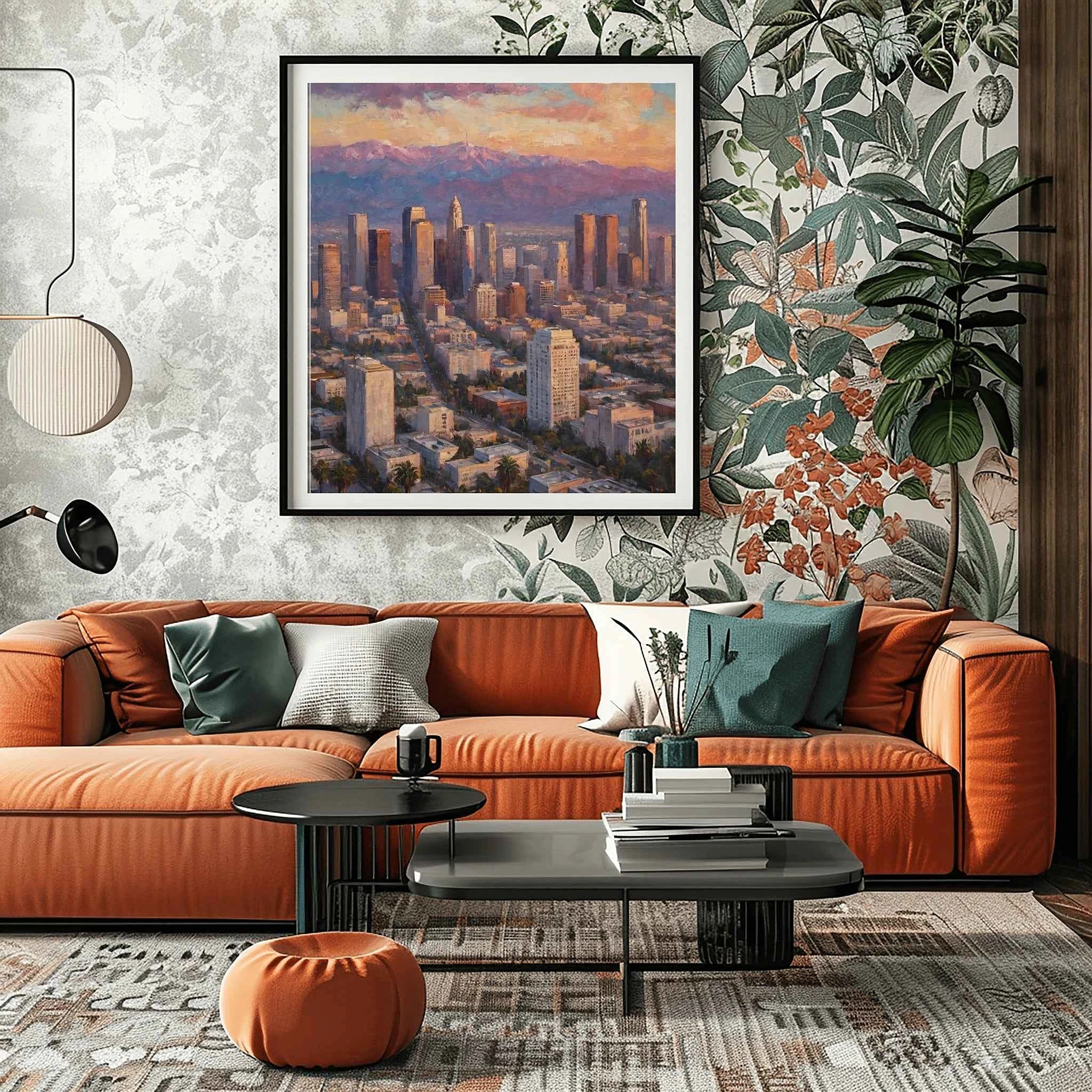 LA Golden Hour: Downtown Los Angeles Skyline & Mountain Sunset Oil Painting