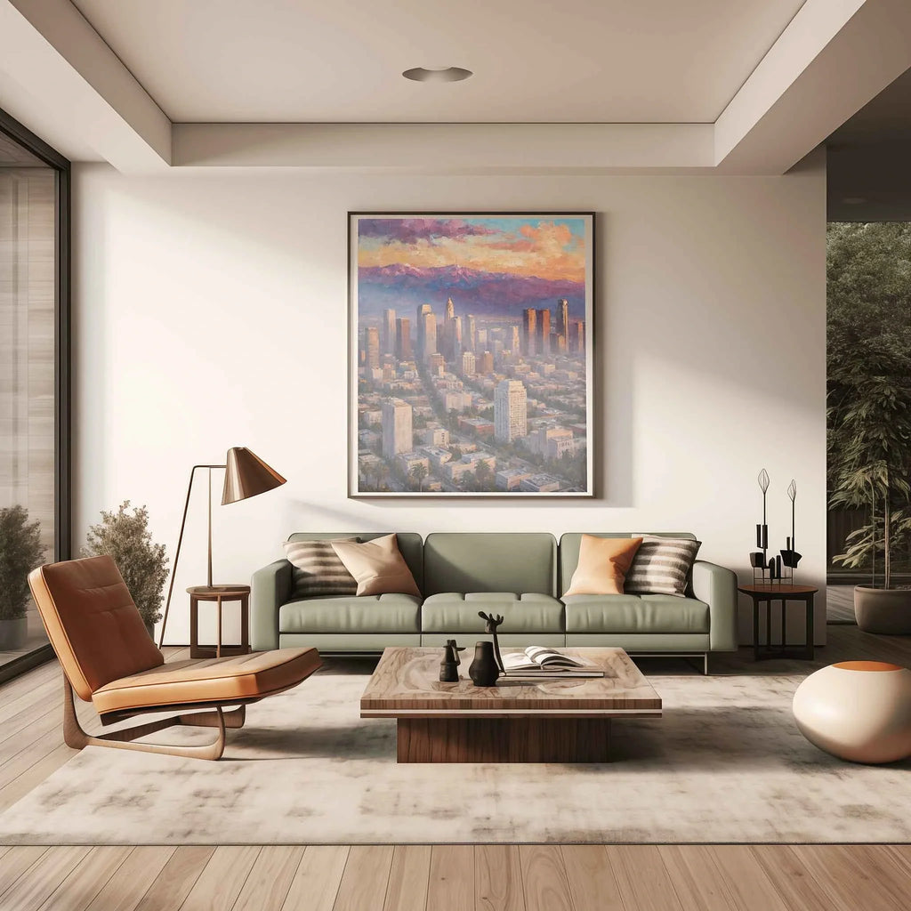 LA Golden Hour: Downtown Los Angeles Skyline & Mountain Sunset Oil Painting