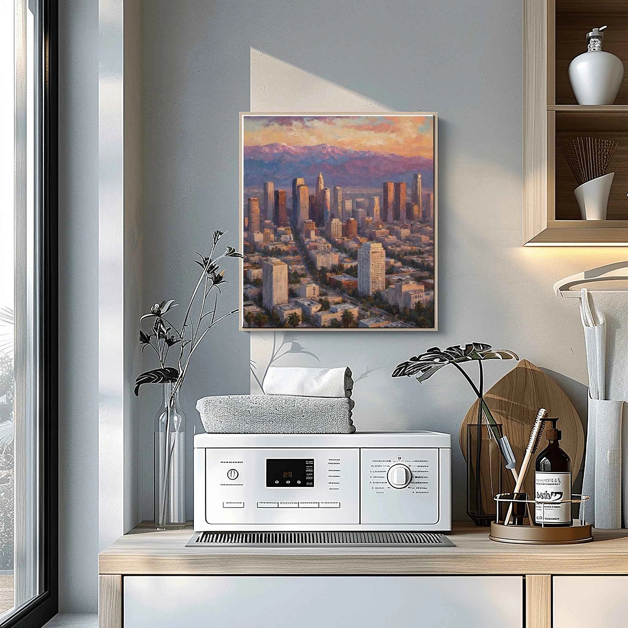 LA Golden Hour: Downtown Los Angeles Skyline & Mountain Sunset Oil Painting