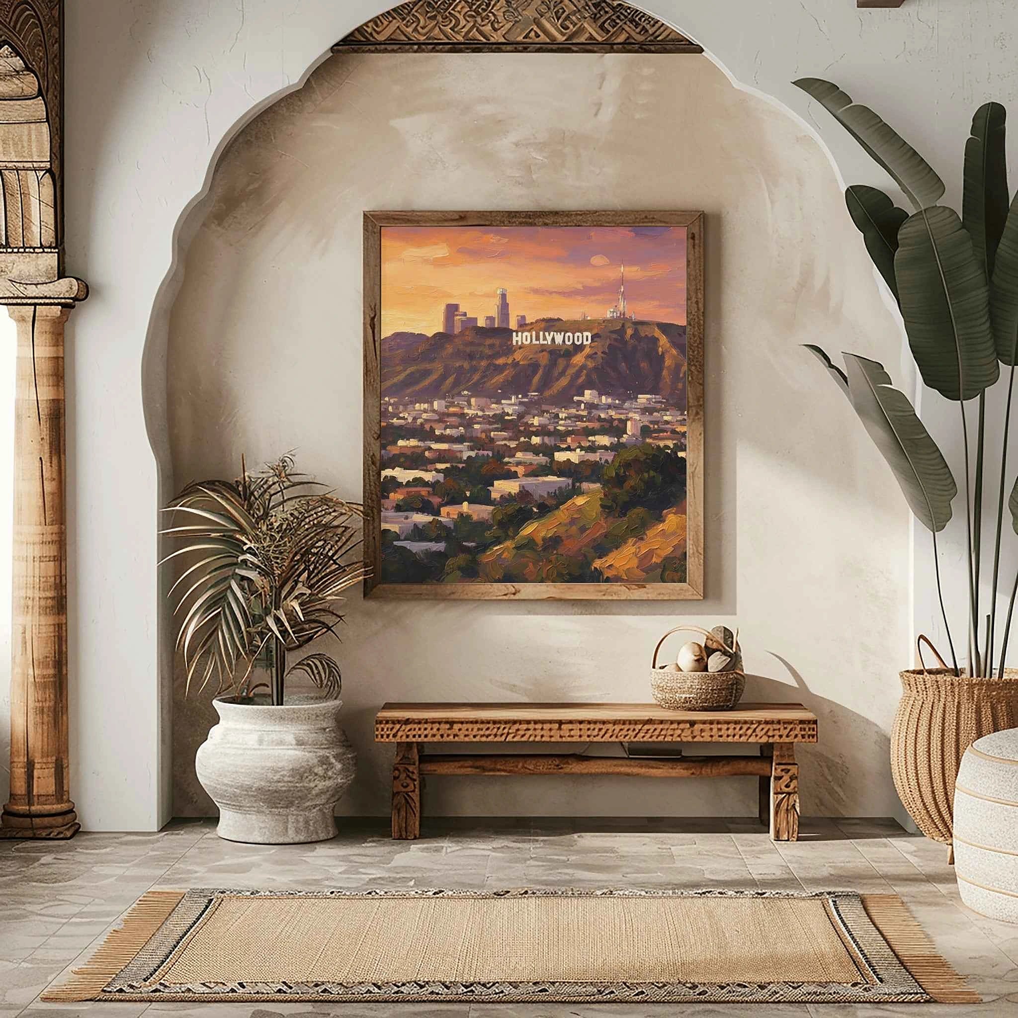 Hollywood Glow: Iconic Sign & Los Angeles Skyline Sunset Oil Painting