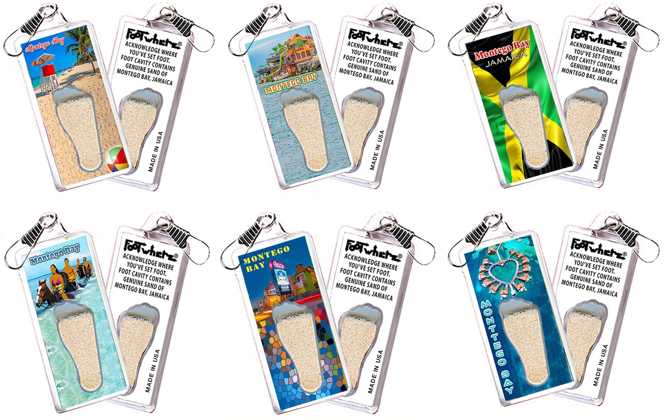 Montego Bay  FootWhere® Souvenir Zipper-Pull. 72 pieces/6 assorted styles.