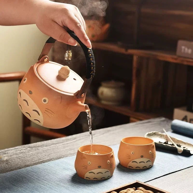 My Neighbor Totoro Ceramic Teapot Teacups Set, Anime Studio Ghibli Cute Cat Rough Pottery Cooking Teapot Tea Table Accessories
