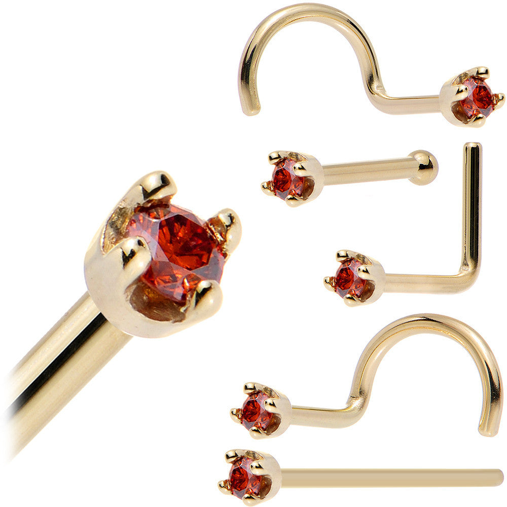 Solid 14K Yellow Gold 1.5mm Genuine Red Diamond Nose Ring