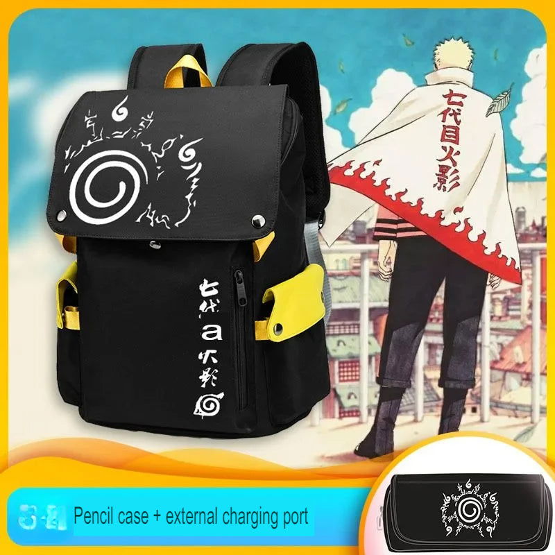 Naruto Anime Backpack, Includes Pencil Case and External Charging Port, Uzumaki Akatsuki School Students Schoolbag Leisure Computer Bag