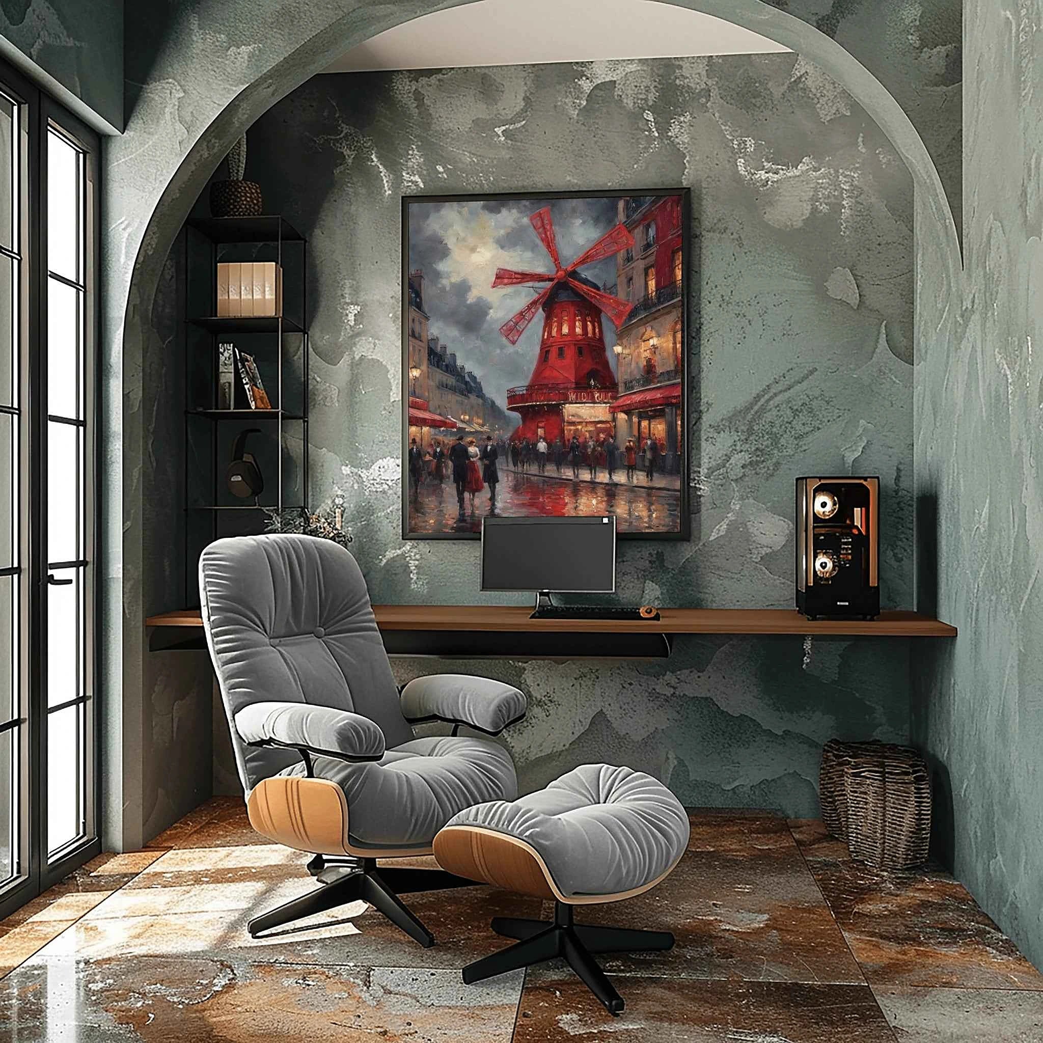 Montmartre Windmill Nights: Iconic Paris Red Windmill & Rainy Street Scene Oil Painting