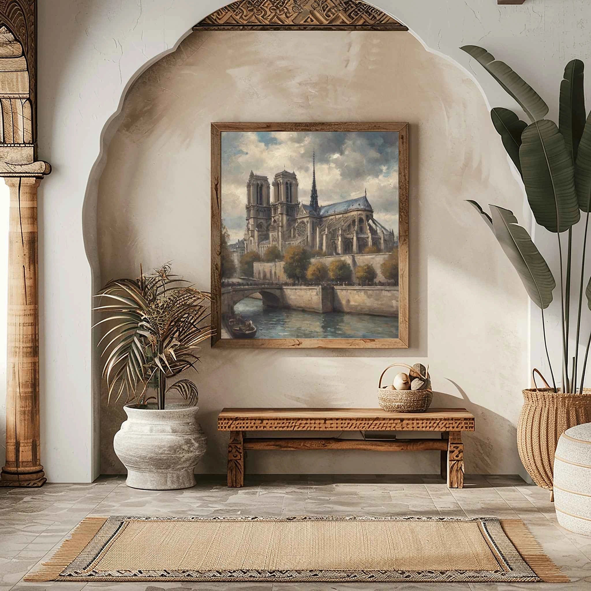 Notre-Dame Heritage: Gothic Cathedral & Seine Riverbank Oil Painting