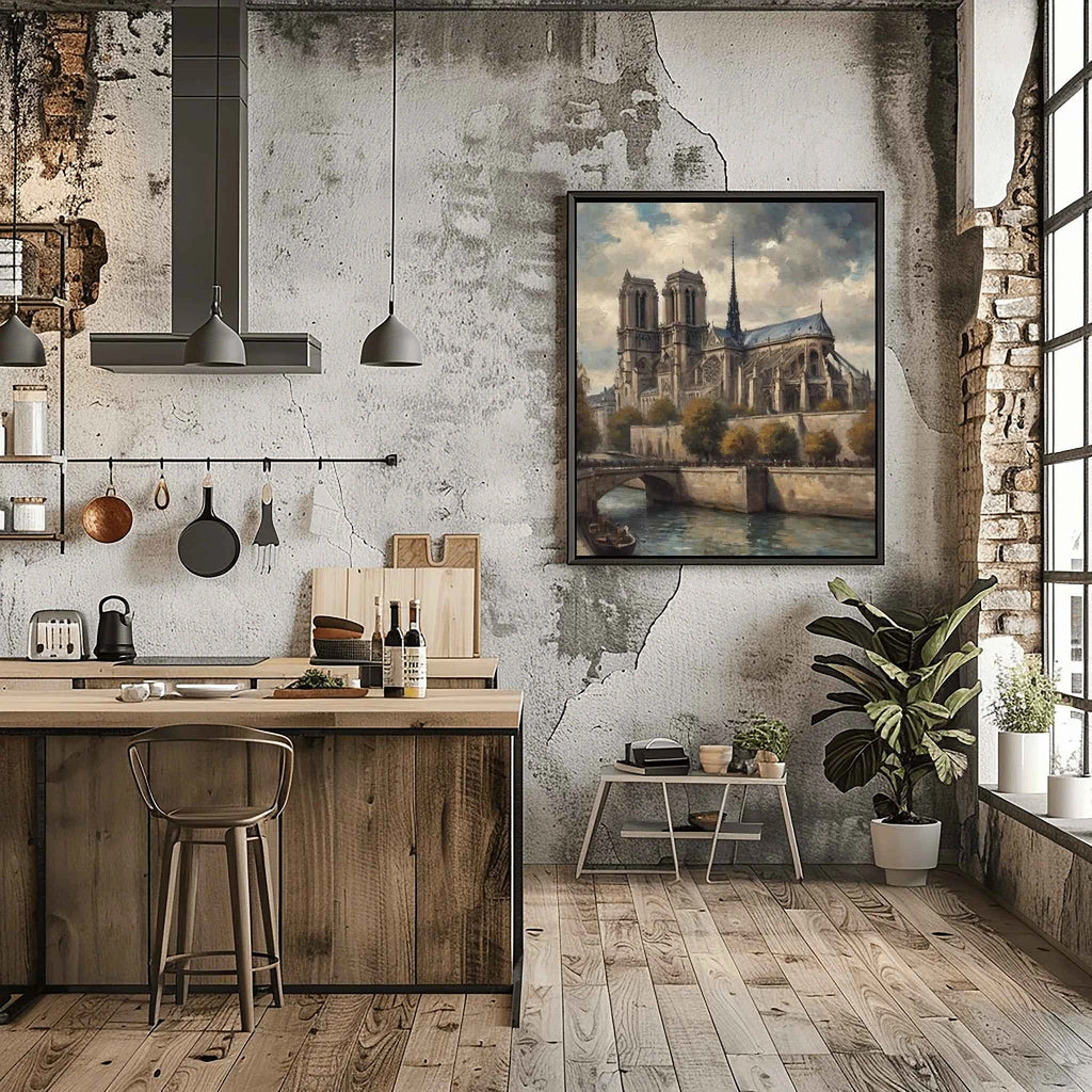 Notre-Dame Heritage: Gothic Cathedral & Seine Riverbank Oil Painting