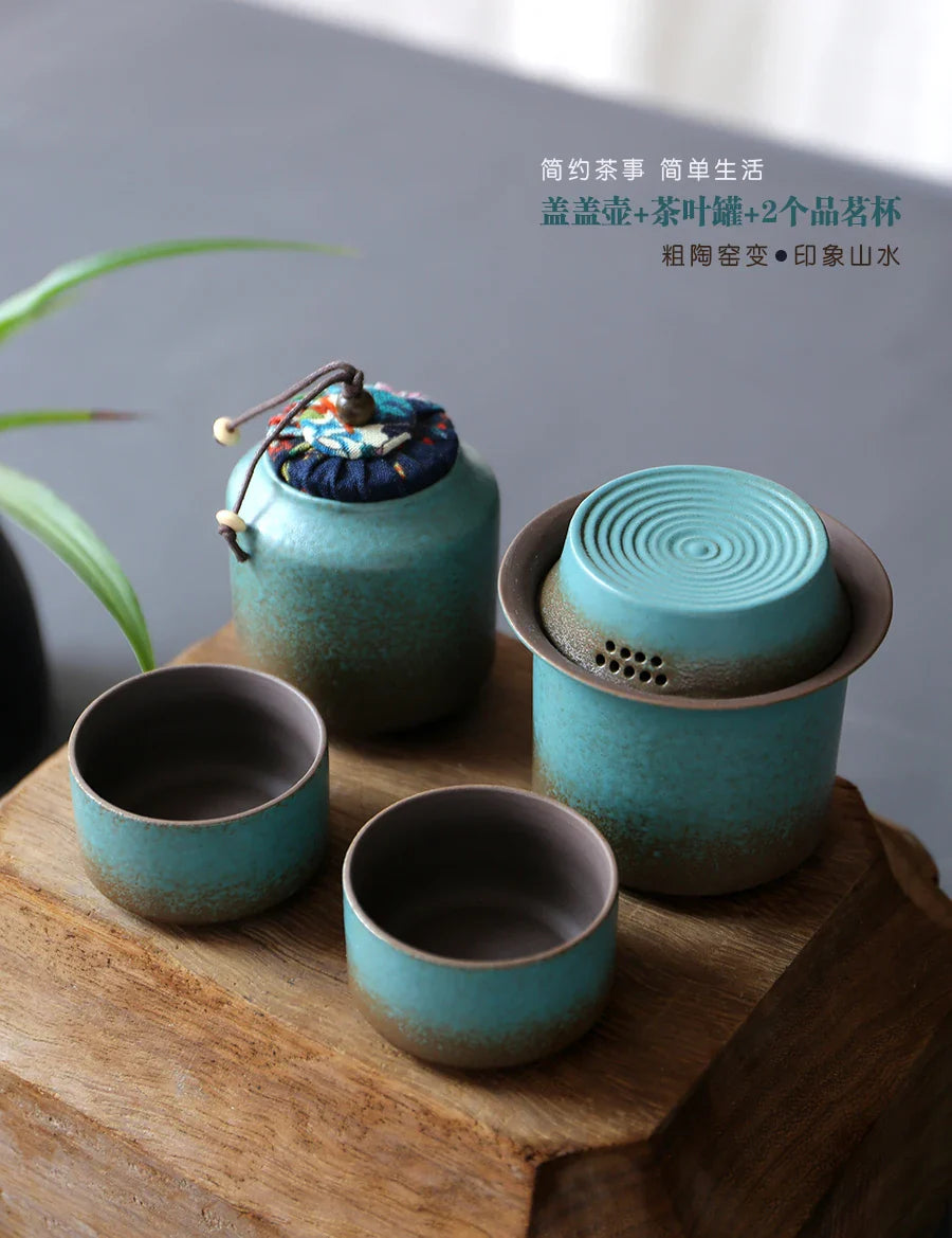 Vintage Spring Green Pottery One Kettle One Cup with Lid 4 Mini Cups Tea Caddy, Simple Small Tea Set Handwork and Craftsmanship