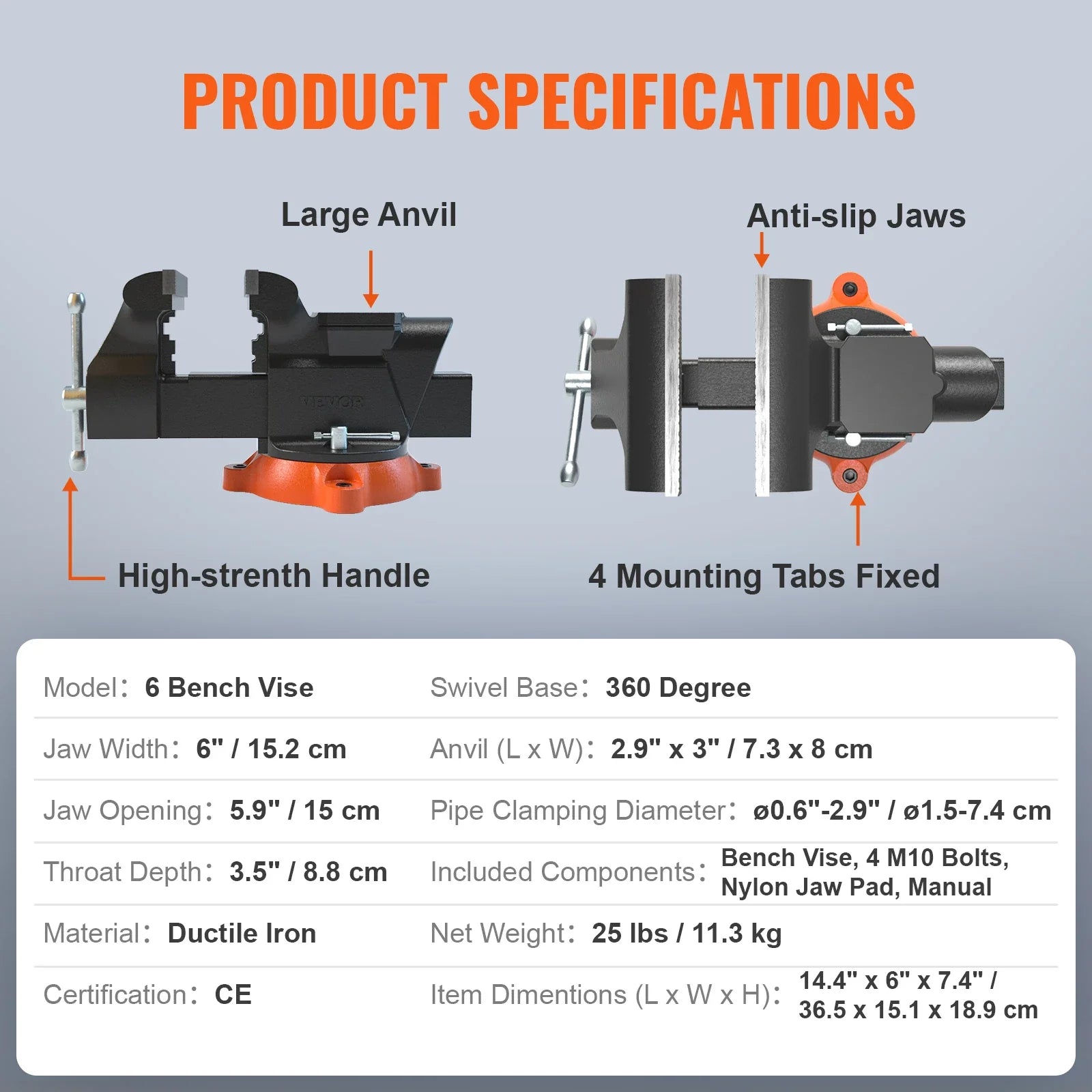 VEVOR Bench Vise 4.5" 6" 6.5" Multipurpose with Swivel Base & Anvil Heavy Duty Cast Iron for Drilling, Conduit Cutting, Sanding