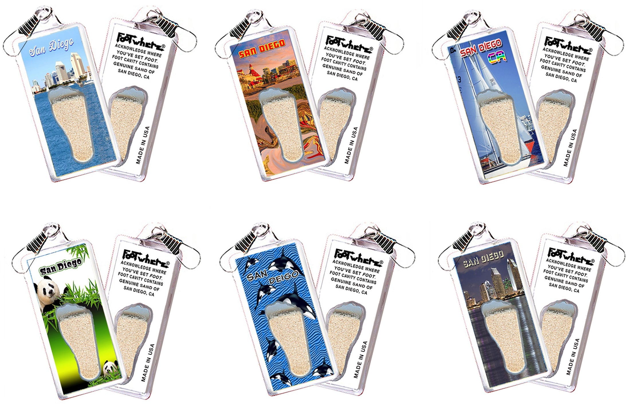 San Diego FootWhere Souvenir Zipper-Pull. 72 pieces/ 6 assorted styles.