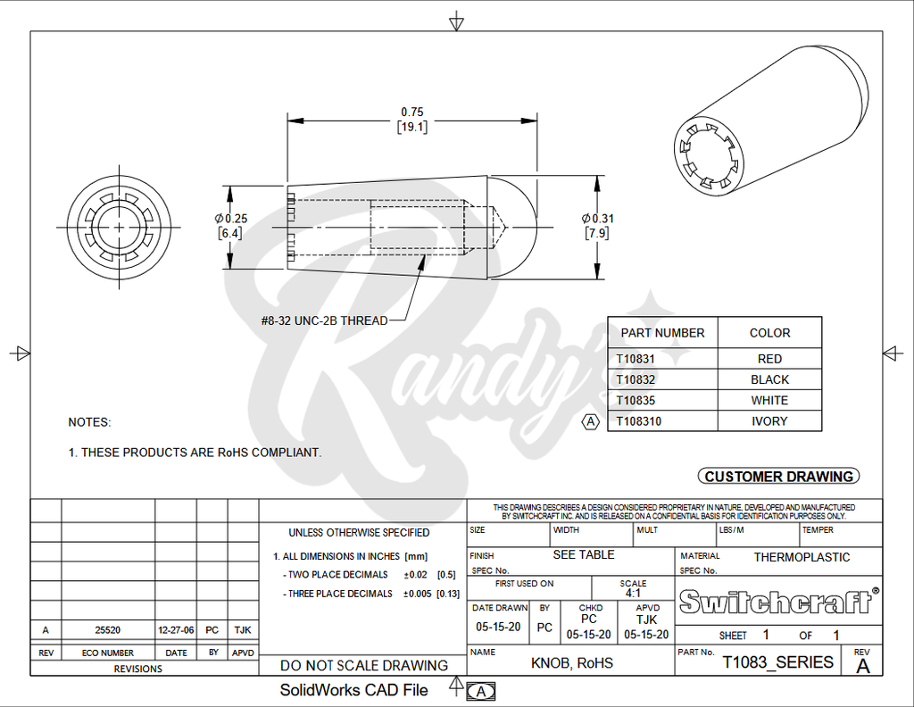 3-Way Toggle Switch Tip (Tall/Long) - Fits Gibson® & Centralab®
