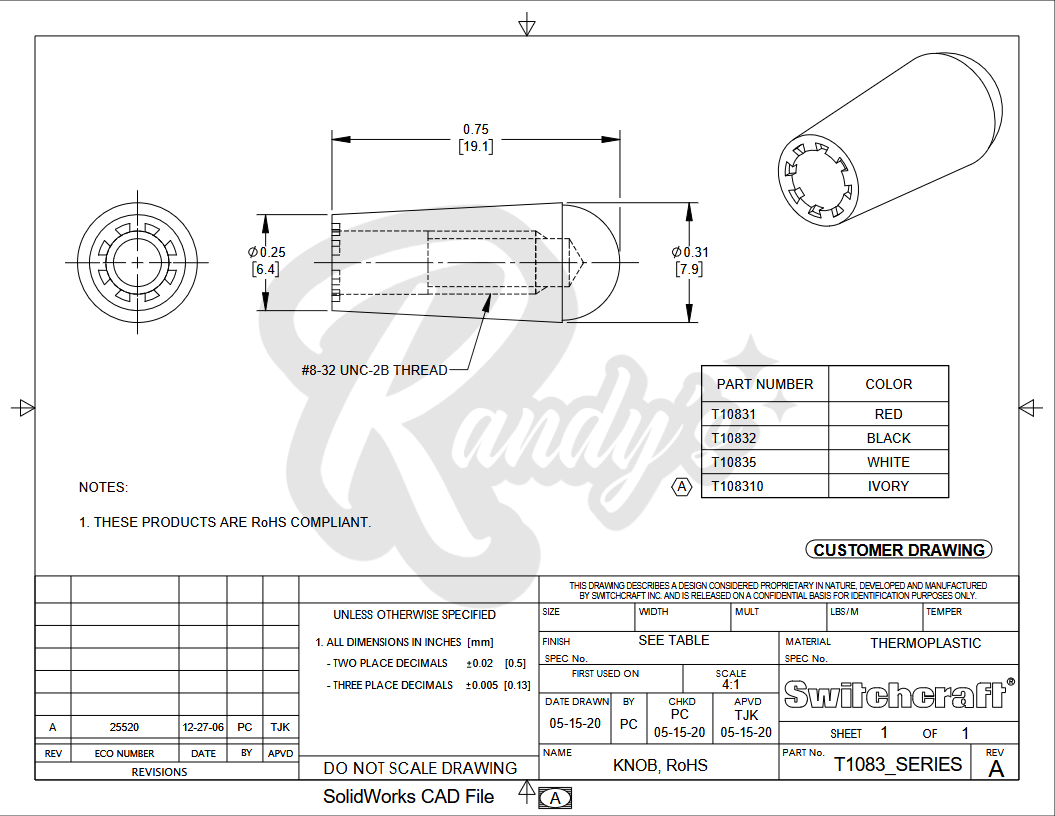3-Way Toggle Switch Tip (Tall/Long) - Fits Gibson® & Centralab®