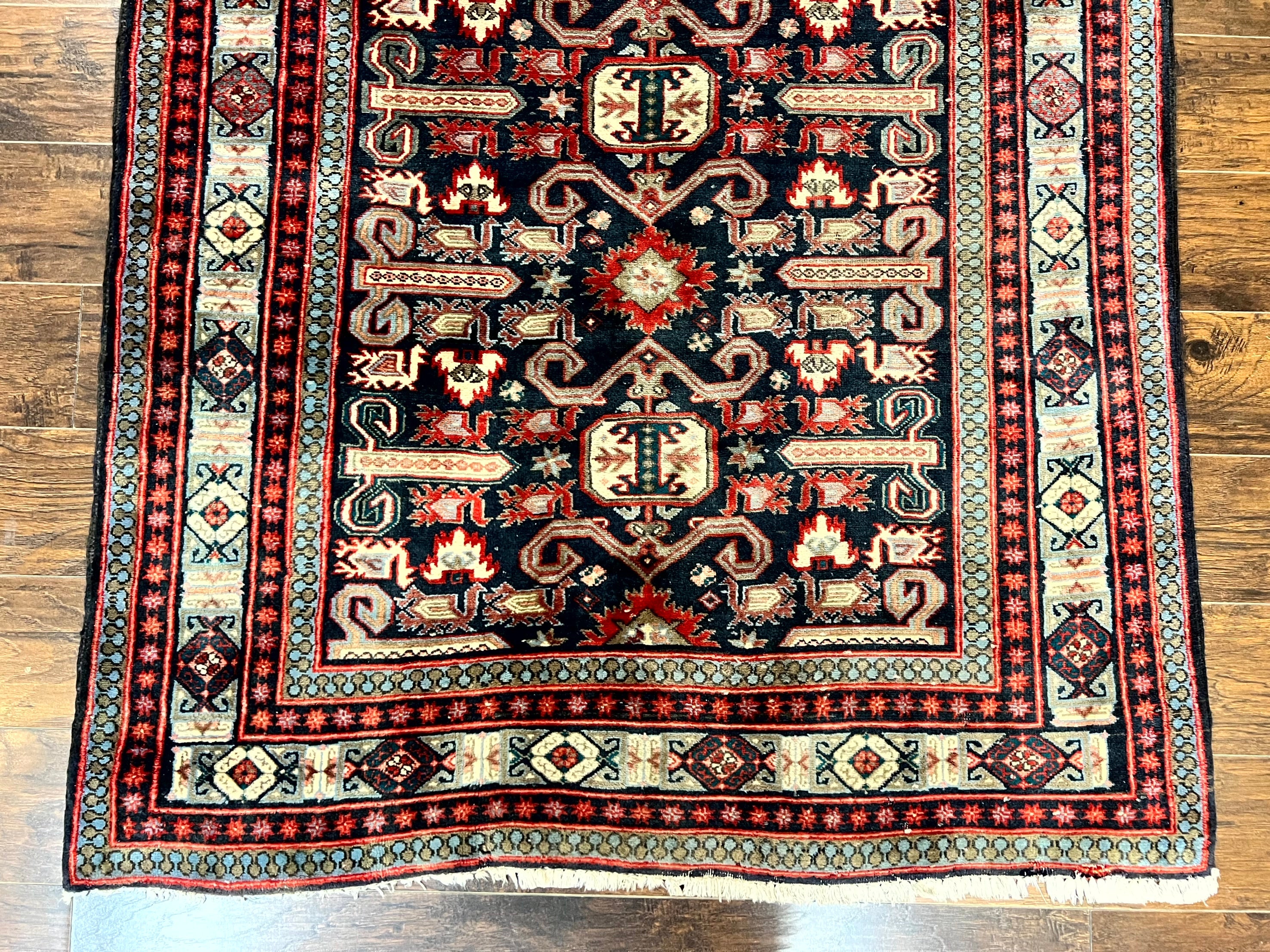 Persian Wide Runner Rug 4.8 x 10, Persian Kalegi Ardabil Rug, Perpedil Caucasian Rug, Antique Handmade Wool Carpet, Navy Blue Red, Tribal Rug