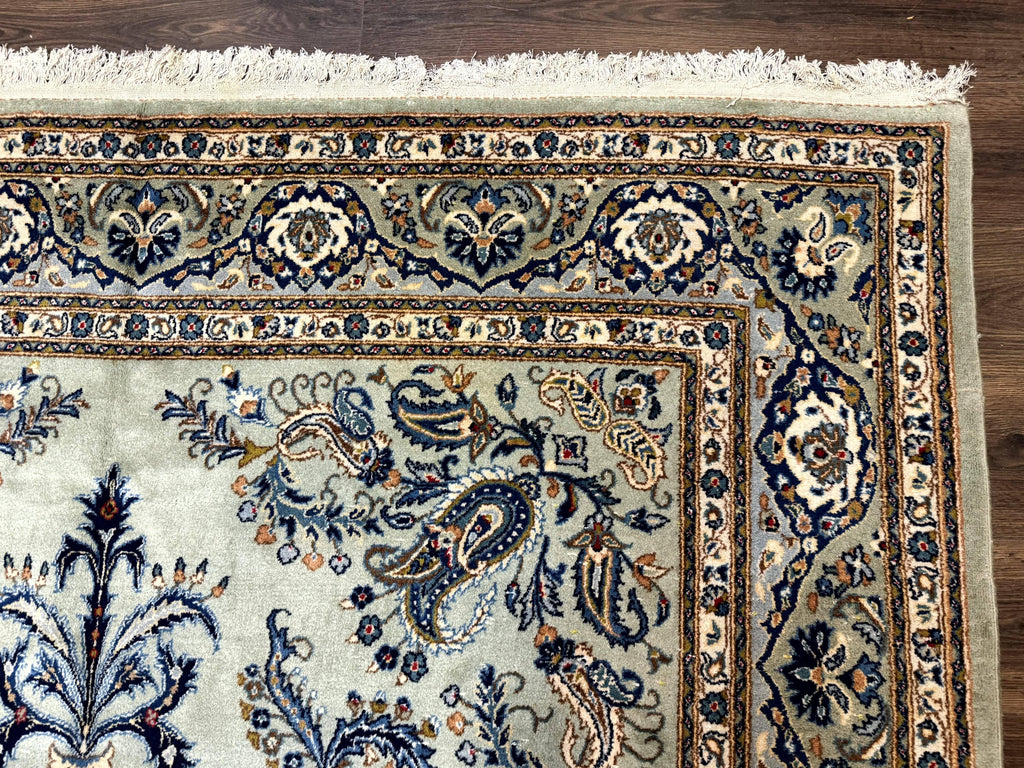 Light Green and Blue Persian Kashan Rug 7x10, Authentic Persian Carpet, Handmade, Wool