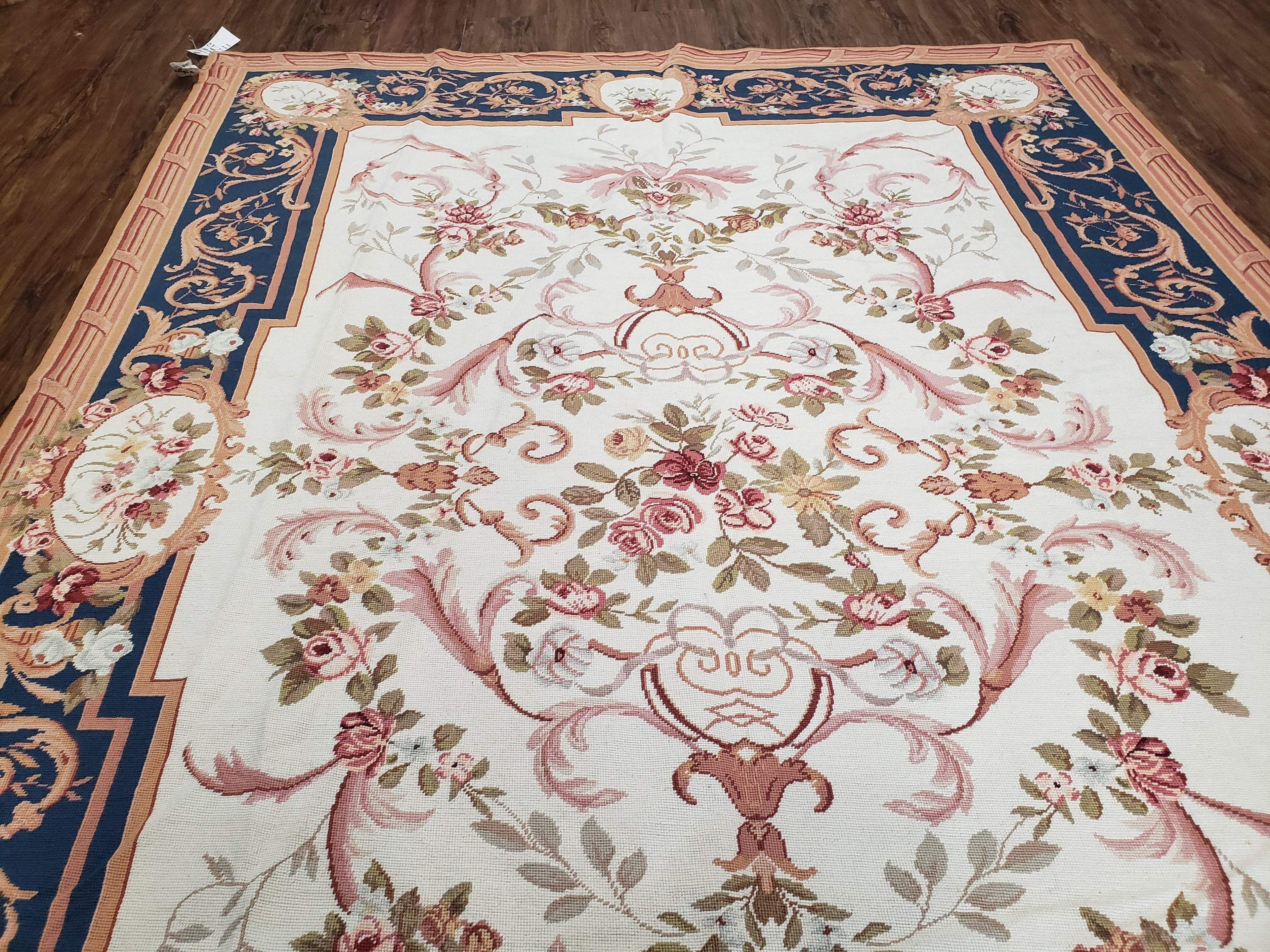 Chinese Aubusson Savonnerie Area Rug 6x8, Vintage Hand-Woven Needlepoint Rug, Flat Weave Handmade Wool Carpet Living Room Ivory & Navy Blue