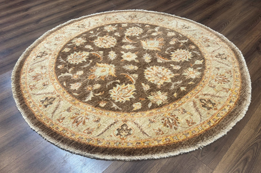Round Pakistani Rug 6x6, Brown and Beige, Floral, Peshawar Rug, Traditional