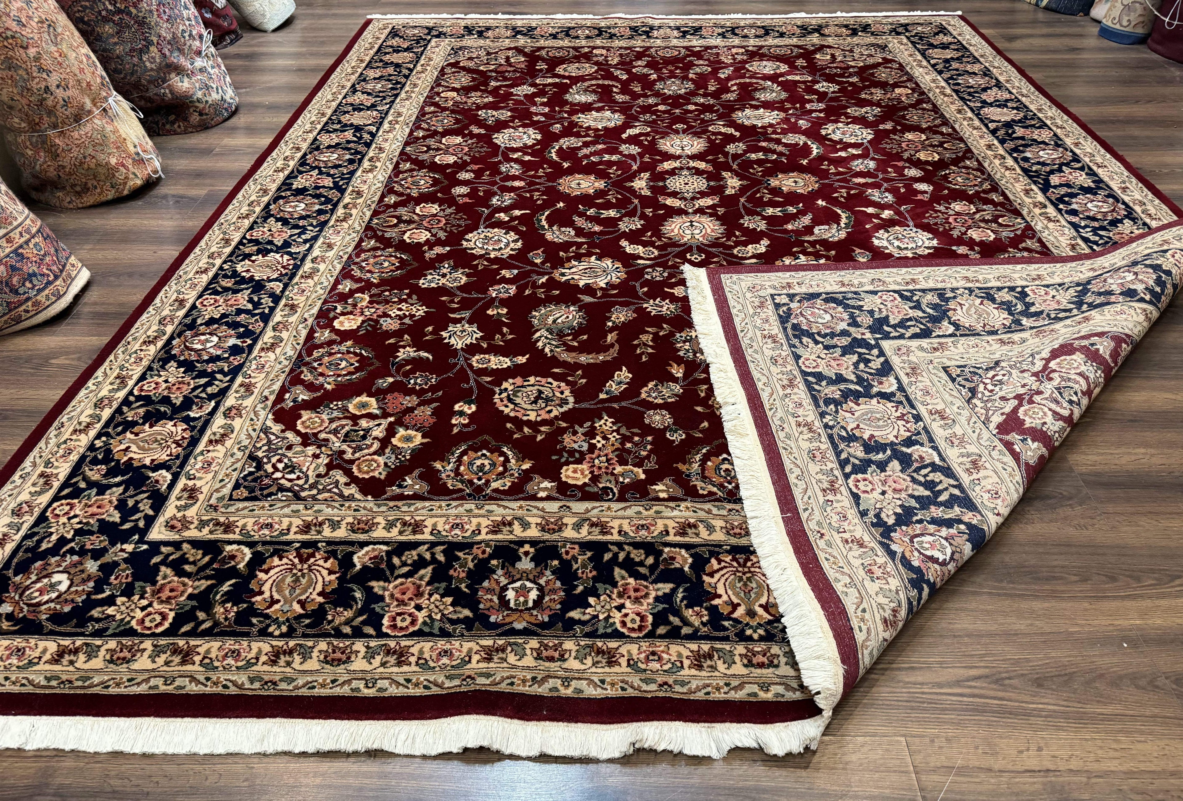 Sino Persian Rug 9x11, Burgundy and Navy Blue, Fine 200 KPSI, Floral Allover