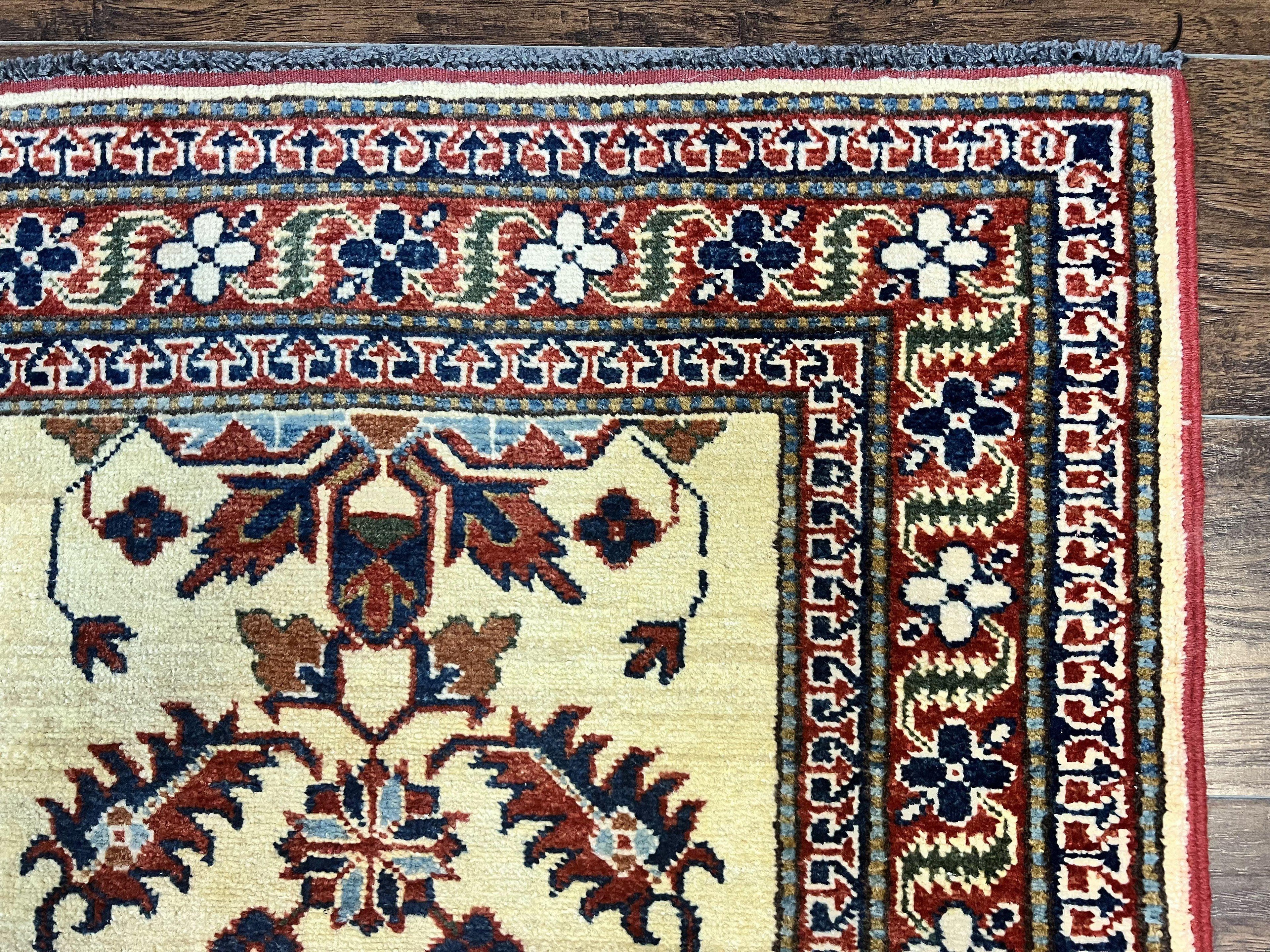 Afghan Heriz Runner Rug 2.9 x 12, Vintage Hand Knotted Persian Carpet for Hallway, 12ft Runner, Wool, Cream
